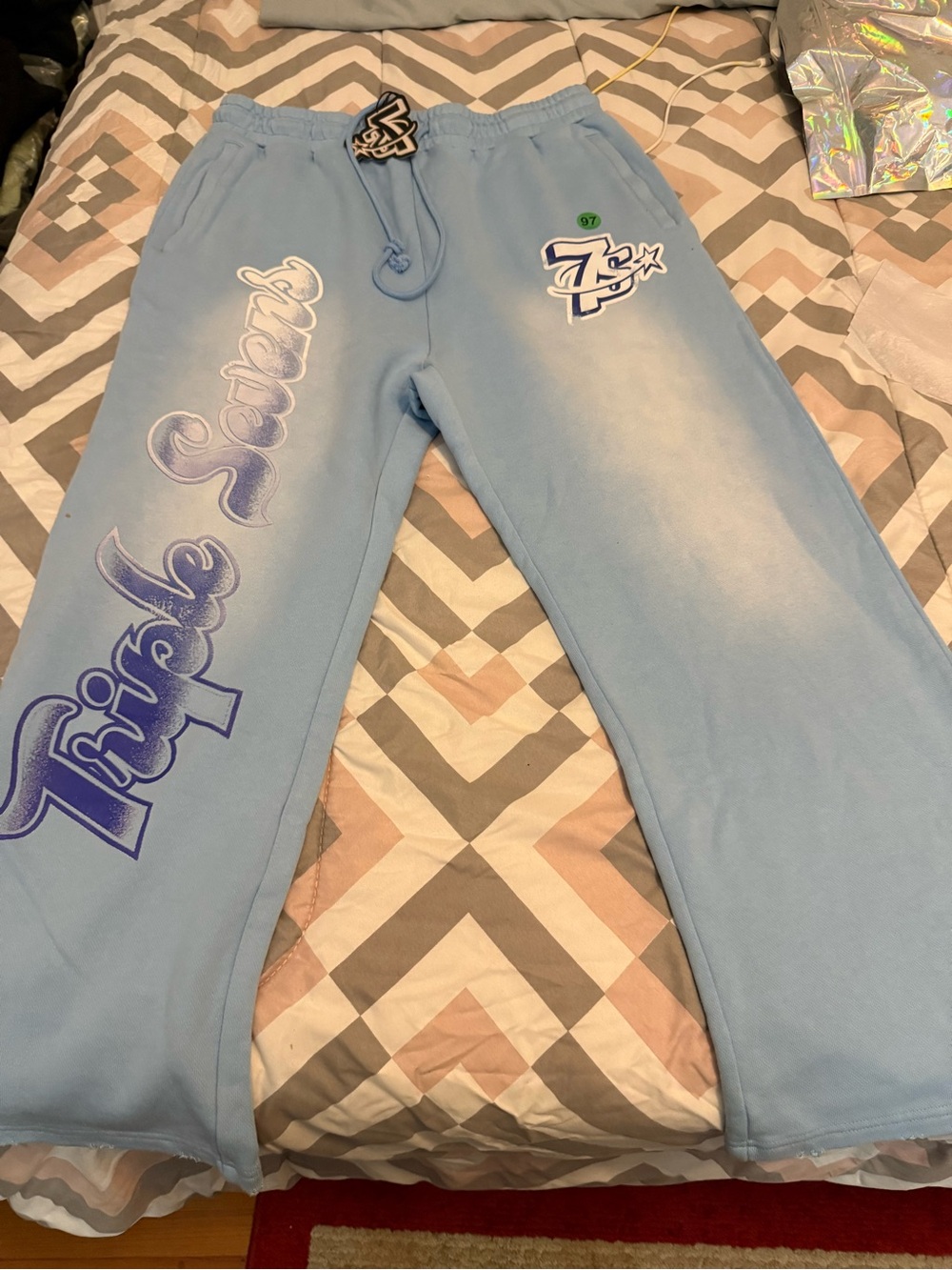 Triple 7 Light Blue Graphic Sweatpants with 'Triple S' Script